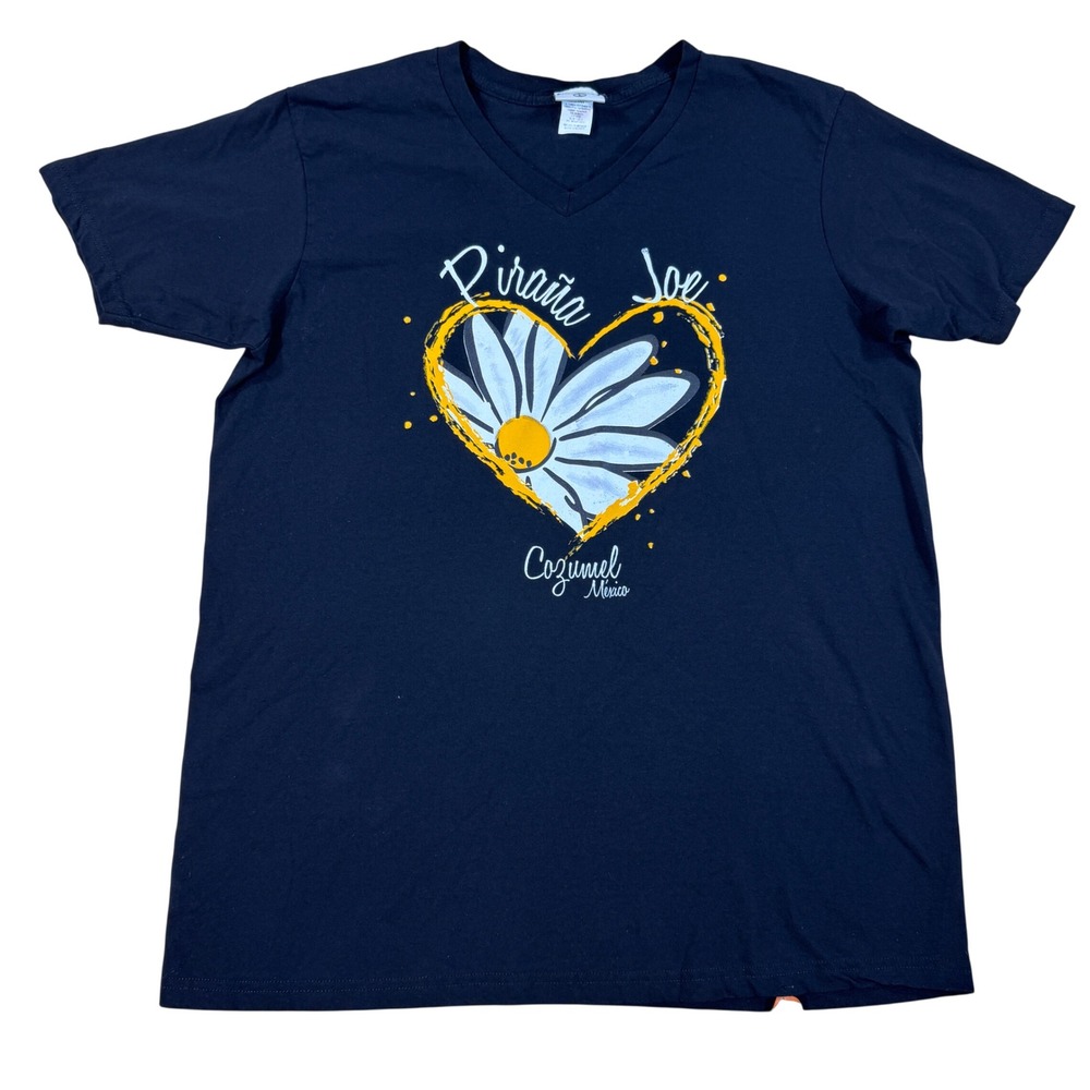 Pirana Joe Cozumel‎ Mexico Graphic T-Shirt Men's Large Black V-Neck Daisy Heart